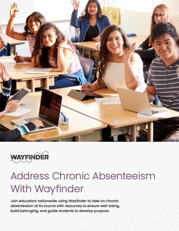 Smiling high school students in class. The name of the PDF is "Address Chronic Absenteeism with Wayfinder"