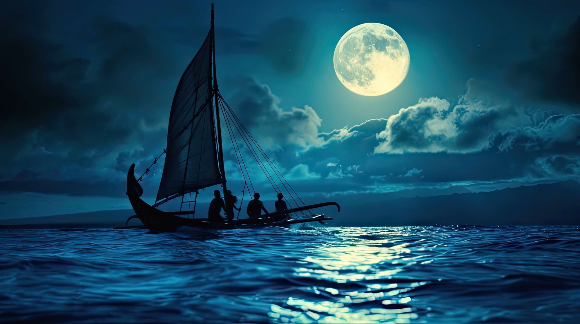 Polynesian outrigger canoe navigates the night sea beneath a luminous moon. Cultural heritage meets celestial wonder By pvl0707