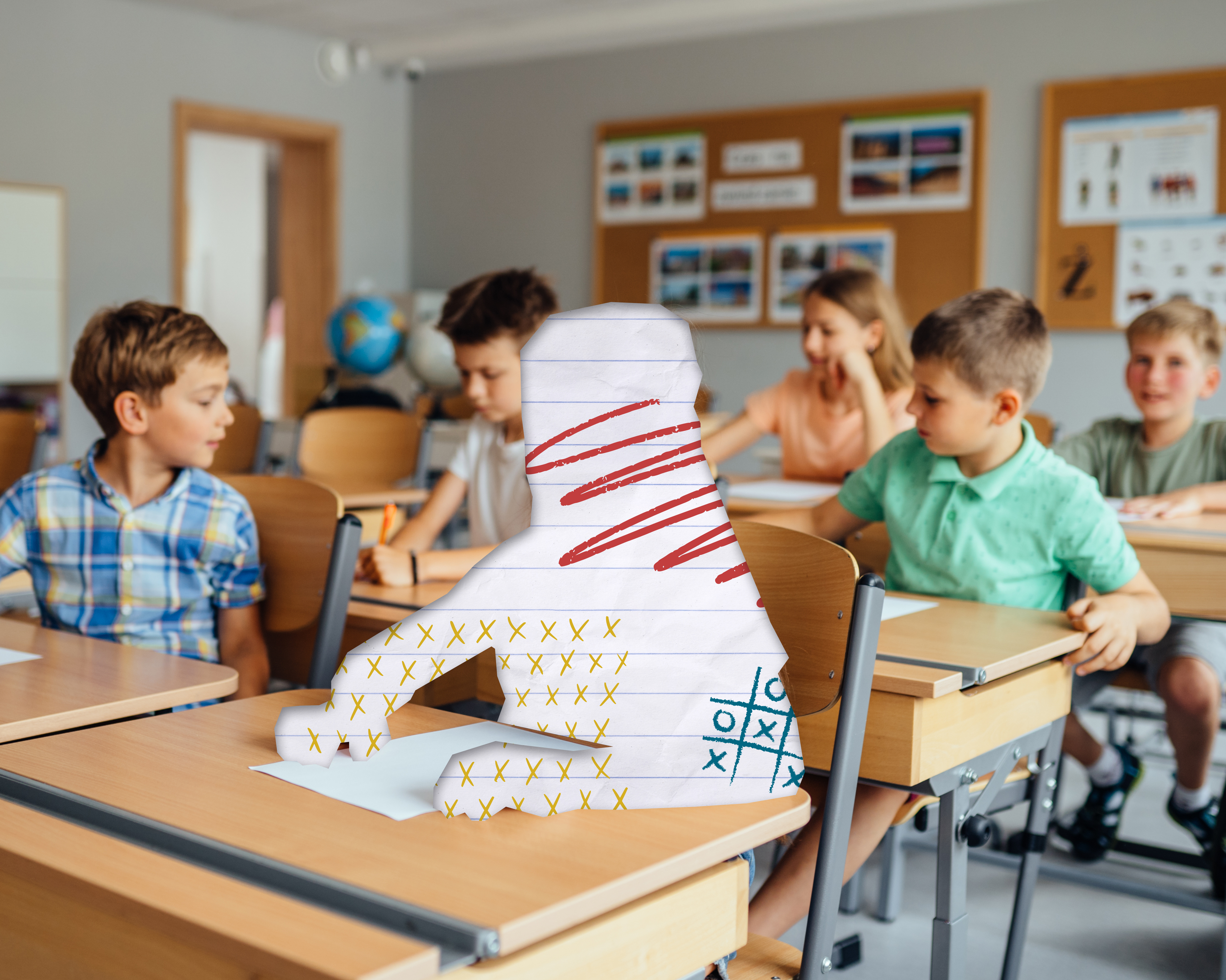 How Chronic Absenteeism Impacts Student Achievement. Image shows a elementary classroom with a child represented as chronically absent.